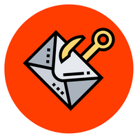 Graphic with red circle and an envelope on a hook for email phishing.